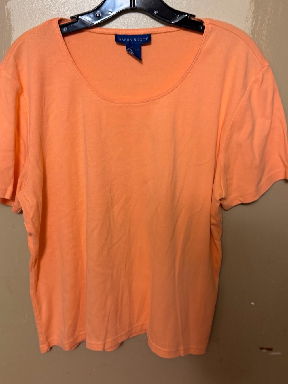 2 Karen Scott Peach-Orange and Lime green Scoop Neck Short Sleeve Tee. 2 for 1